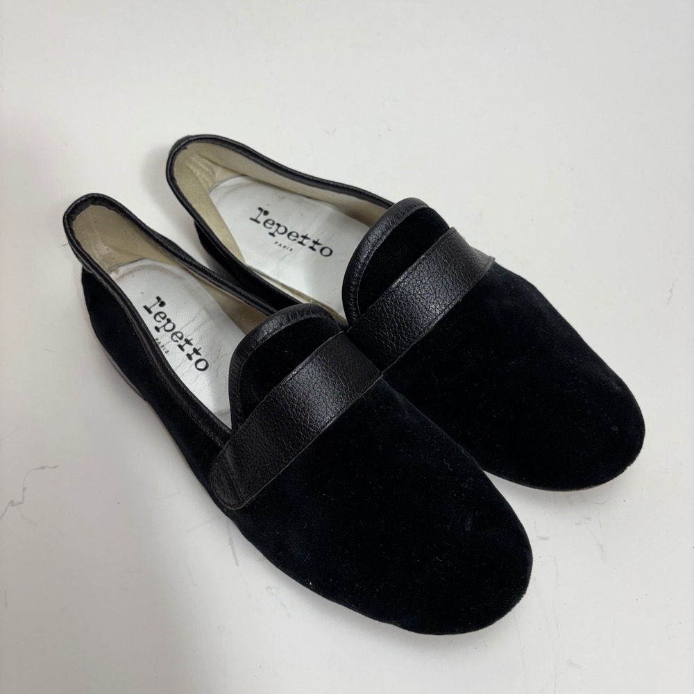 Repetto Paris Black Velvet Leather Trim Loafers Made in France EU 38
